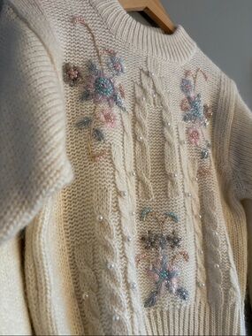 Embellished Cream Cable Knit Sweater